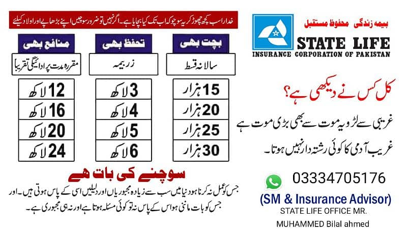 State Life insurance Manager BiLAL or 03235972420 and 03334705176 3