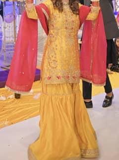 Raw silk yellow and shocking pink sharara and shirt