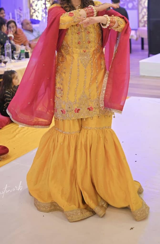 Raw silk yellow and shocking pink sharara and shirt 1