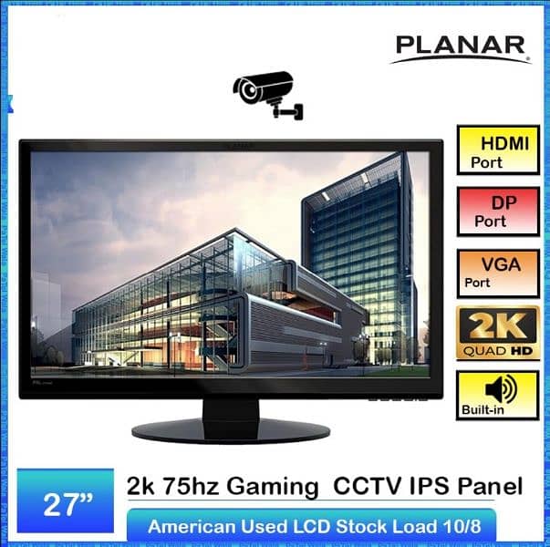 LED 27 inch Monitor, 2K HD, IPS display, with HDMI, DP, VGA, DVI Port. 3