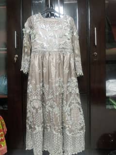 stitched embroided maxy with net dupata and malai trouser