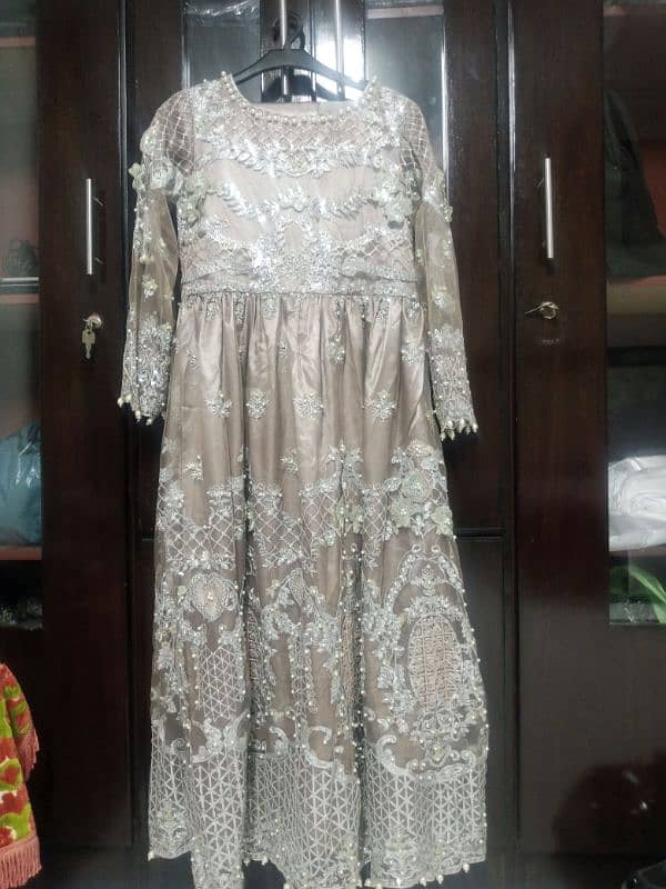 stitched embroided maxy with net dupata and malai trouser 0