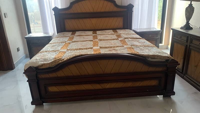 wooden bed with two side tables, mattress and dressing table 1