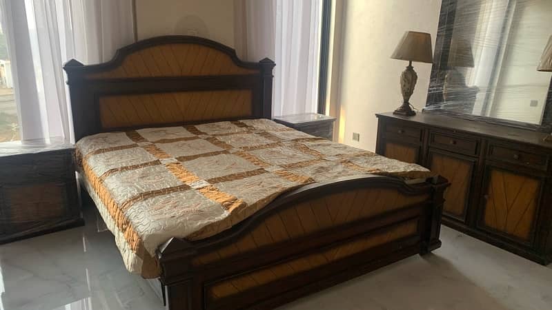 wooden bed with two side tables, mattress and dressing table 3