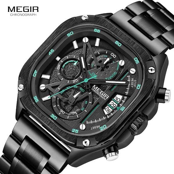 MEGIR Black Quartz Watch Men Waterproof Square Dial Wristwatch 1