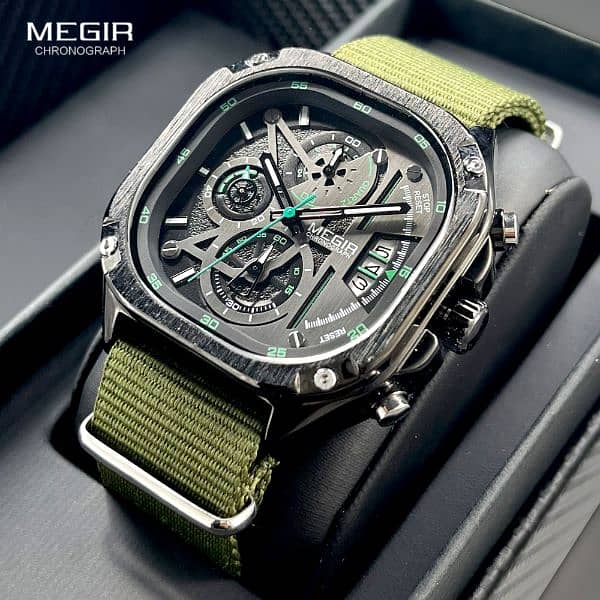 MEGIR Black Quartz Watch Men Waterproof Square Dial Wristwatch 3