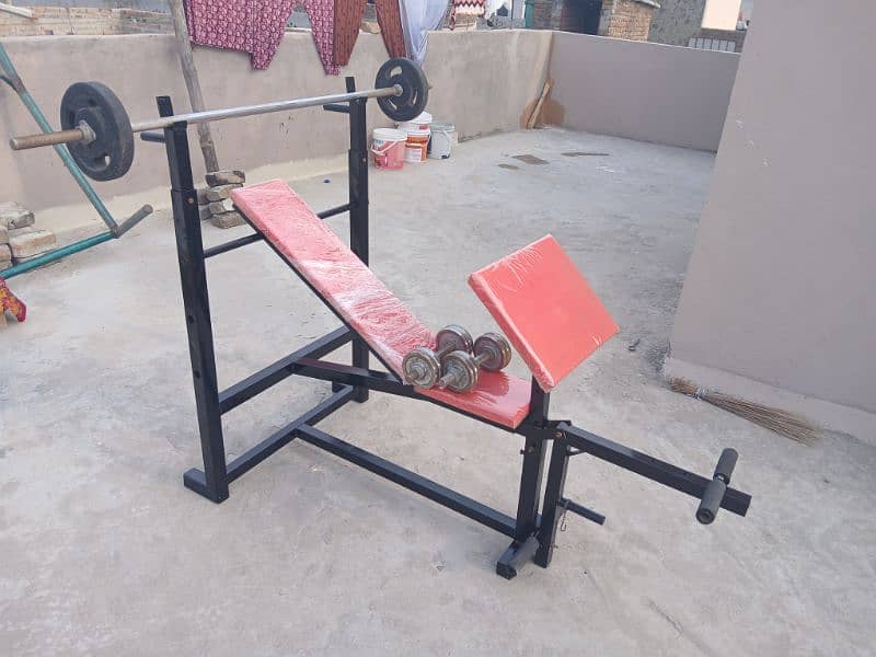 Dumbells, Multi Functional Gym Bench Press, Barbell Rod, Plates 8