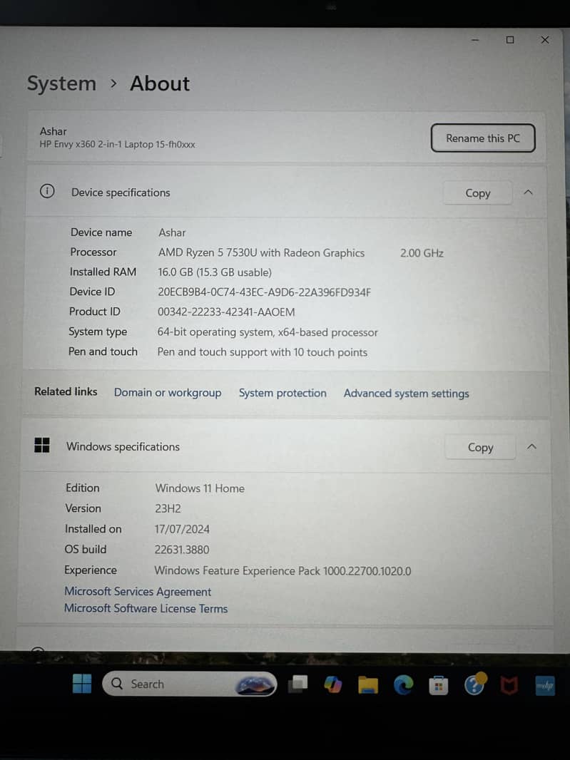 HP Envy x360 2in1 convertible ryzen 5 7th gen 16gb/512gb 5