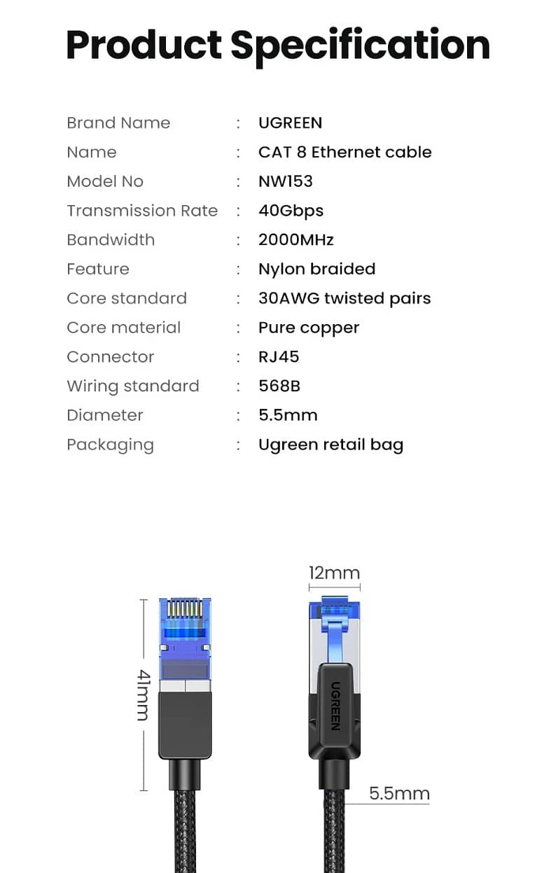 UGREEN CAT8 40GBPS 2000MHZ COTTON BRAIDED LAN RJ45 CABLE (3M & 5M)!!! 11