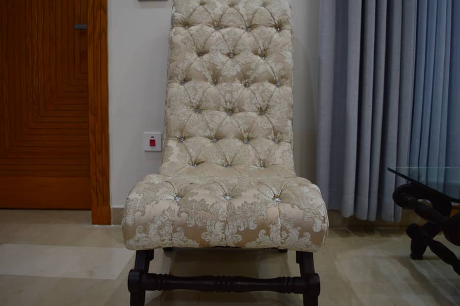 Tufted High-Back Chairs with Glass-Top Table. 4