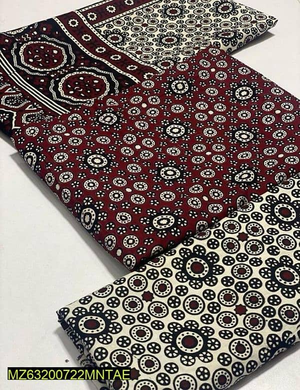 3 Pcs WomenUnstitched Cotton Ajrak  Suit 1