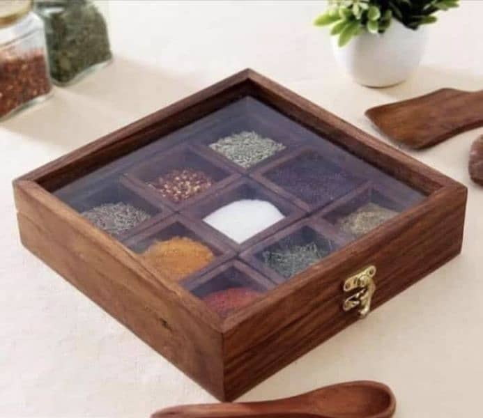 Wooden Spice Box with 9 Compartments and Transparent Lid Premium Q 5