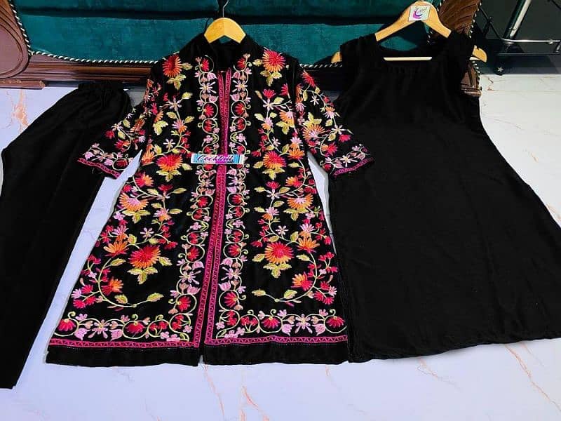 *: 3 Pcs Women's Stitched Katan Silk Embroidered Gown 1