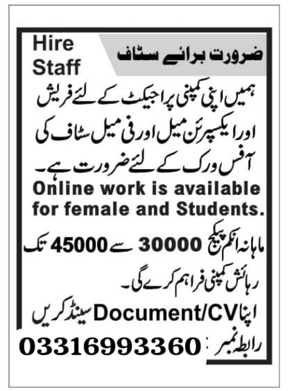 Online work is avaliable for female and Students. 0