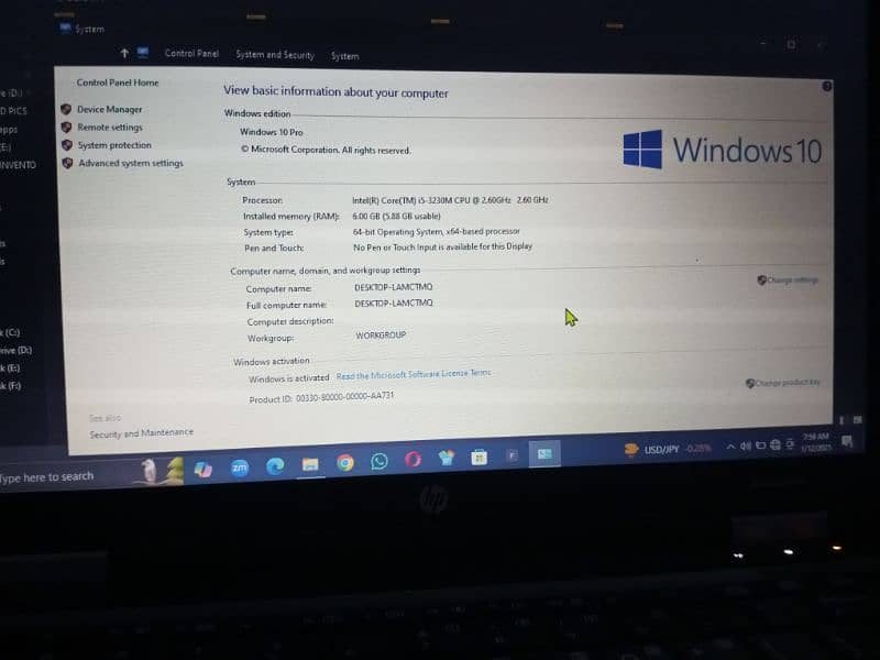 Hp I 5 3rd generation for sale 6 gb ram 250 gb hard 2