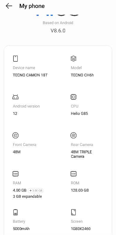 tecno camon 18t  mobile for sel ram 4+2 rom 128 mobile or charger hai 2