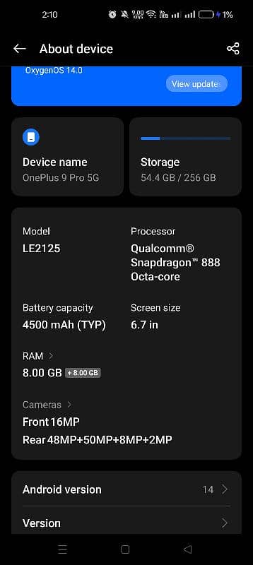 Oneplus 9Pro 8Gb+12Gb 256Gb Dual Sim Lush Condition like New 6