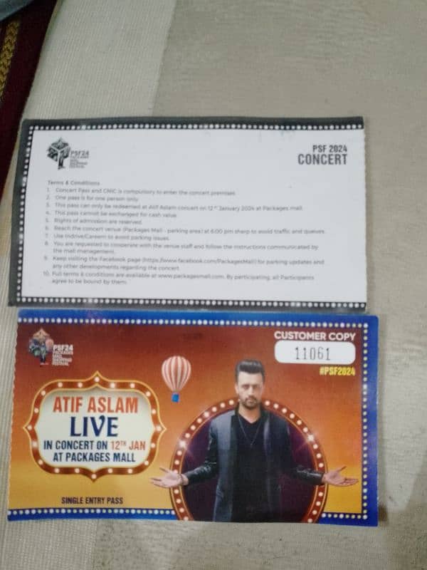 last 2 tickets for Atif Aslam concert packages mall 12 Jan 5000 for 2 1