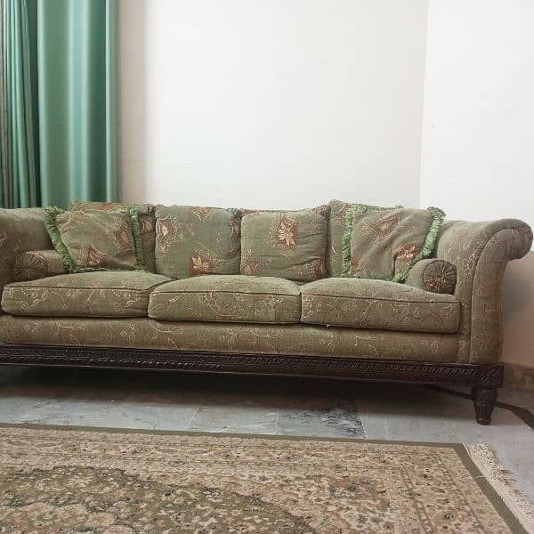 6 Seater Sofa Set (3/2/1) - Embroided Green Colour - Original Wood 0