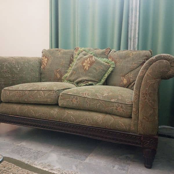 6 Seater Sofa Set (3/2/1) - Embroided Green Colour - Original Wood 2