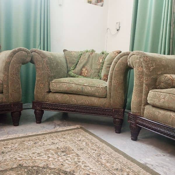 6 Seater Sofa Set (3/2/1) - Embroided Green Colour - Original Wood 3