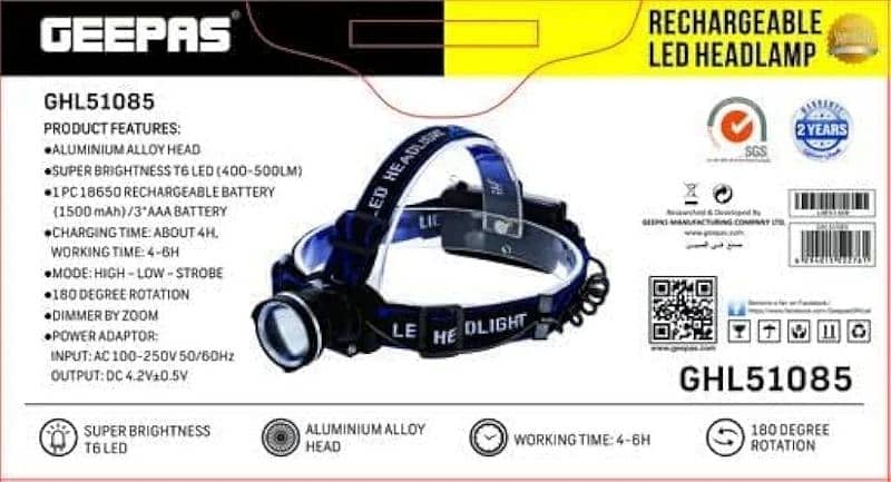 Geepas Rechargeable Led Head Lamp - 1500 Mah Battery 4