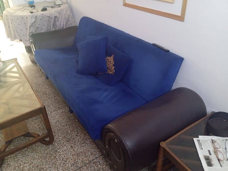 Blue velvet sofa c. bed 1