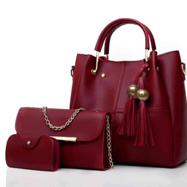 Chic Women's Leather Hand Bag Set - 3 Pcs in Beautiful Red 0