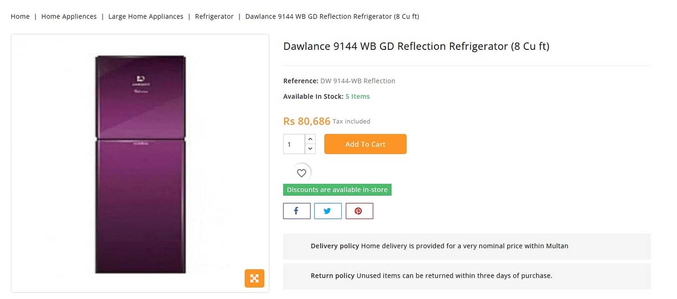 Box Packed Dawlance 9144 WB GD Reflection Refrigerator (8 Cu ft) 2