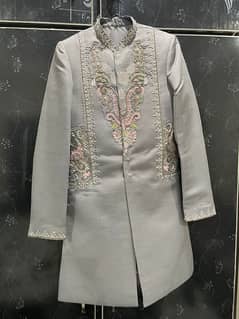 Grey Embroidered Groom Sherwani