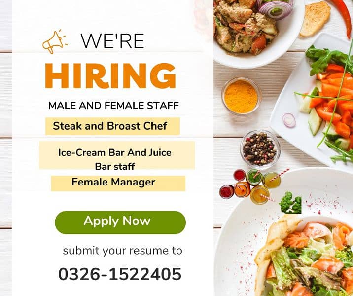 Chef Broast Steak |Juice Bar staff | Bar Staff |Female Manager 0