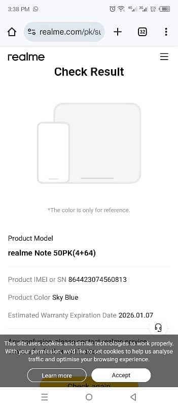 Realme Note 50, Under Warranty till 7 January 2/0/2/6 8