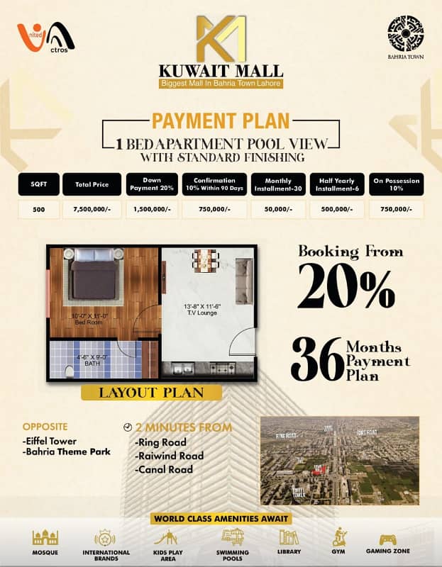 1 Bed Appartments For sale in Bahria Town Lahore Kuwait Mall 3 years Instalments Plan 0