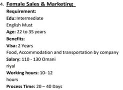 Female required for Oman sales and marketing