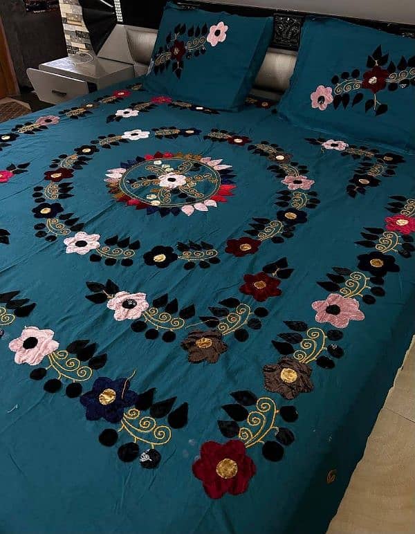 Velvet Applic Work Hand Made King Size Bed Sheets Available 5