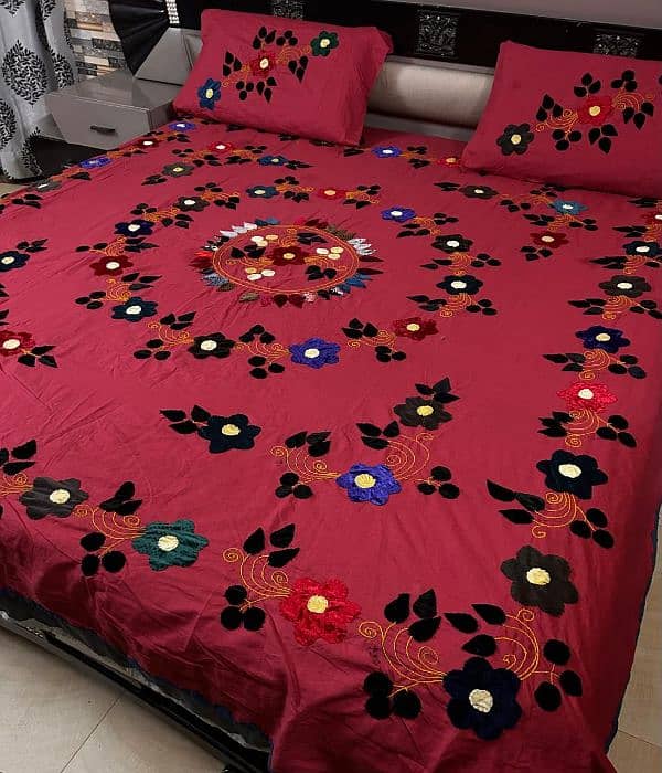 Velvet Applic Work Hand Made King Size Bed Sheets Available 7