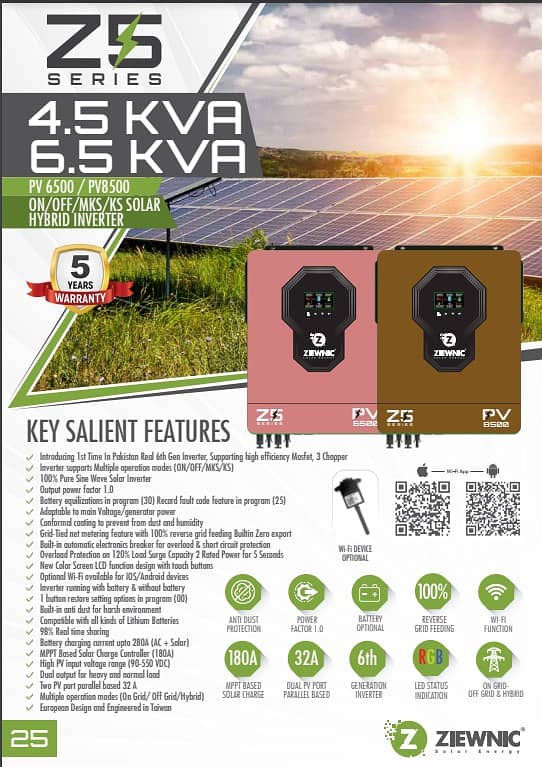 Solar Hybrid Inverter ZIEWNIC ON/OFF/MKS/KS  6.5 (KVA) 6G PV8500 2