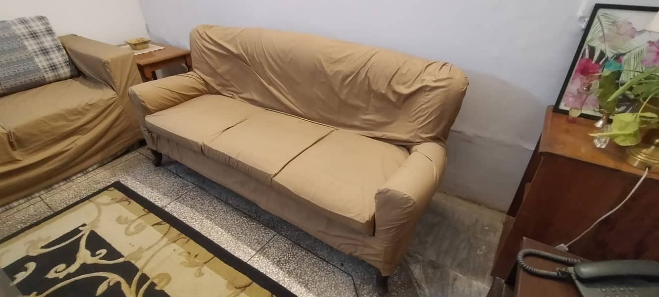 3 seater sofa (2.5 ft x 6 ft) with sofa cover included. Good quality. 1