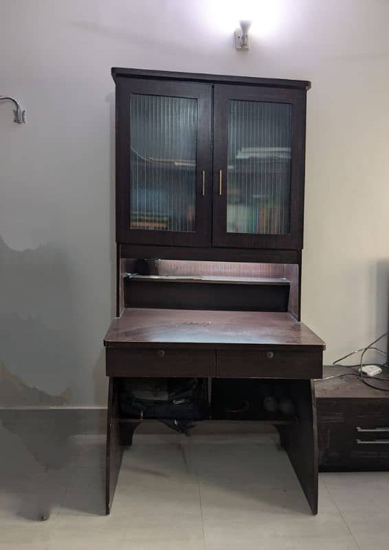 WRITING TABLE WITH DESK LIGHT WITH HIGH TOP CABINET AND TWO DRAWERS 7