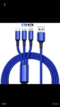 3 in 1 Original Fast Data Cable Blue/Golden/Gray - Size 120cm