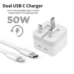 Iphone 14 Pro 3 Pin (uk Pin) 50w Usb-c+c Power Adapter With Usb-c