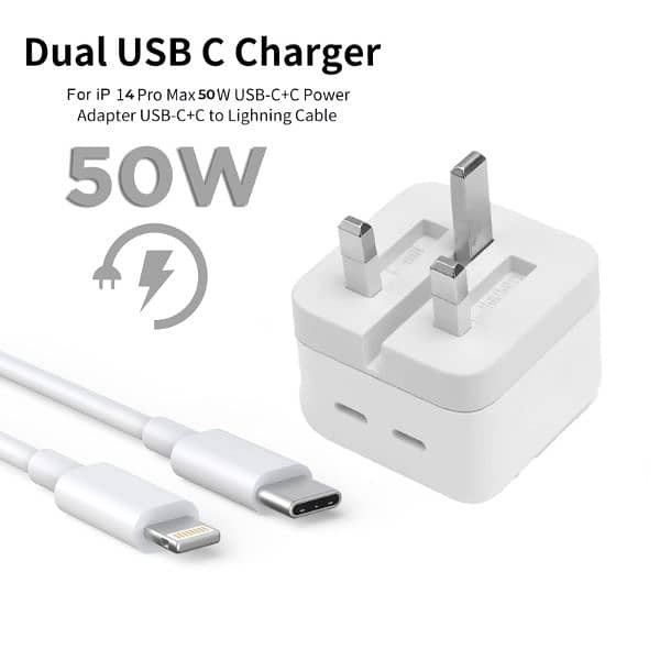 Iphone 14 Pro 3 Pin (uk Pin) 50w Usb-c+c Power Adapter With Usb-c 0