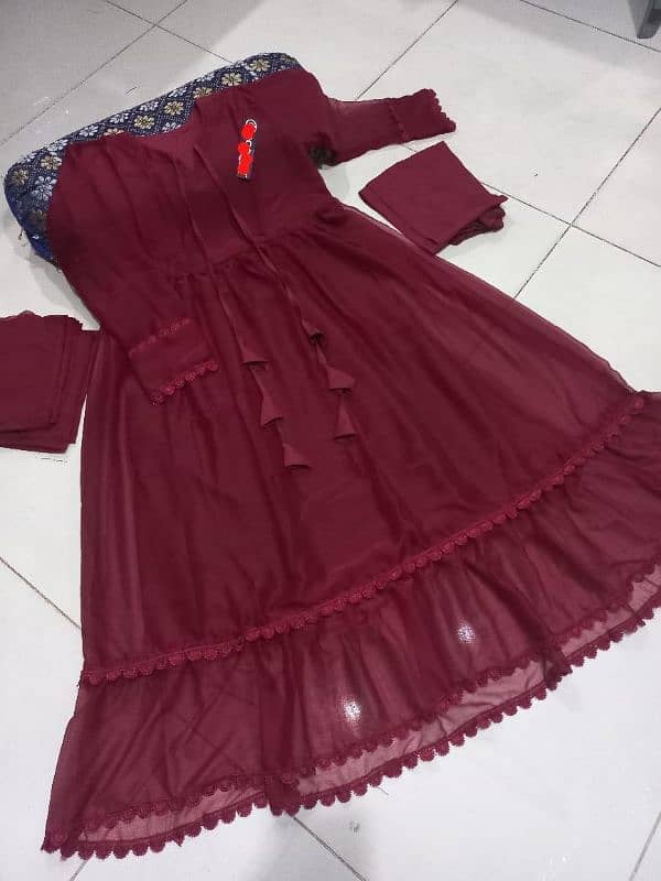 Stunning 3 Pcs Women's Stitched Maroon Chiffon Maxi Suit 1