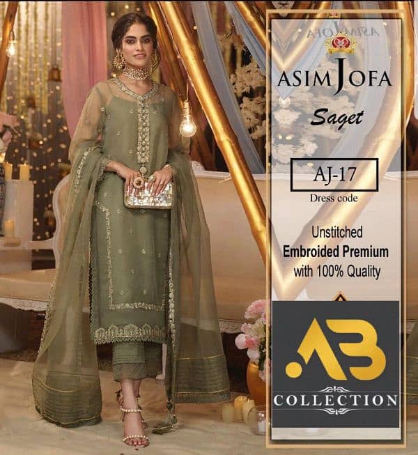 *Asim Jofa Organza Fabric Full Embroidery Suit 1