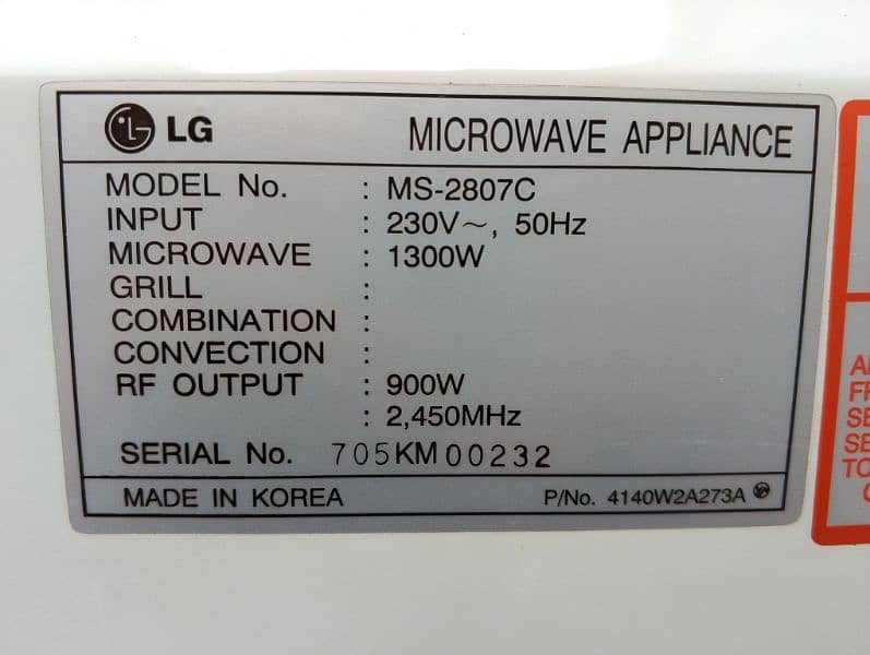 microwave oven, LG , made in Korea, model MS-2807C 0