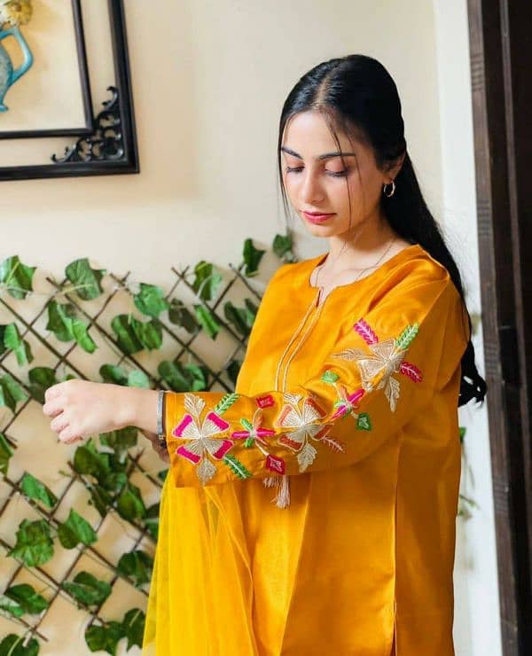 Women's Stitched Embroidered Suit - 3 Pcs Set in Mustard  Cotton Silk 1