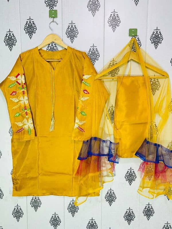 Women's Stitched Embroidered Suit - 3 Pcs Set in Mustard  Cotton Silk 3