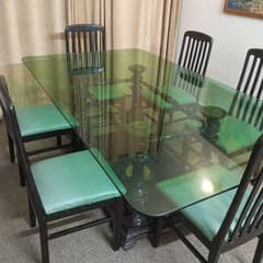 6 Seater Original Wooden Dining Table - 7×4 long heavy glass