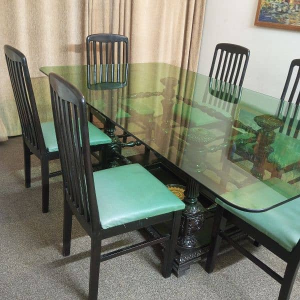 6 Seater Original Wooden Dining Table - 7×4 long heavy glass 3