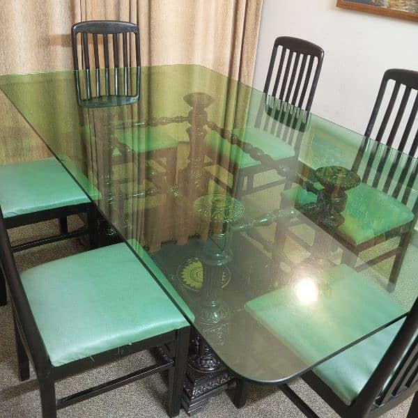 6 Seater Original Wooden Dining Table - 7×4 long heavy glass 4